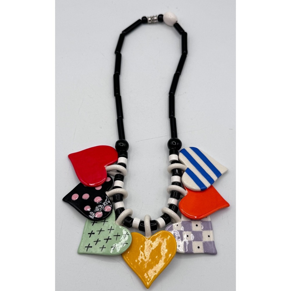 Vintage 80s 90s Pop Art Heart Pendant Necklace Multi-Color Chunky Statement